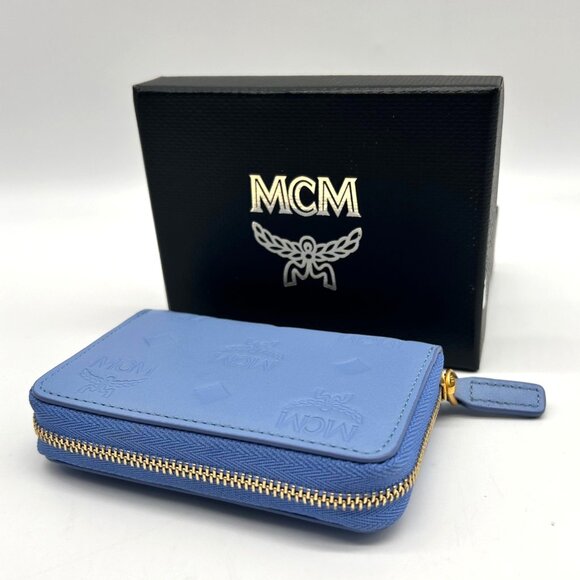 MCM Aren Della Robbia Blue Embossed Monogram Leather Card Case - Picture 9 of 12